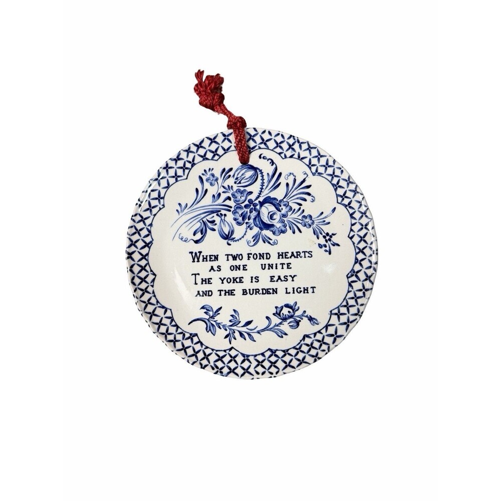 Vtg Crownford Two Fond Hearts Blue White Hanging Plate Gallery Wall Decor 5.75”
